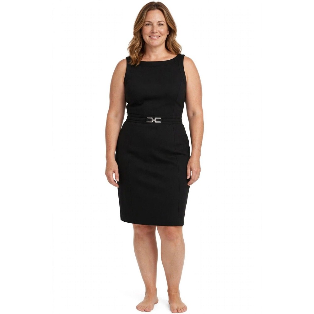 White House Black Market Dress 14 Black Sleeveless Sheath Silver Buckle Office
